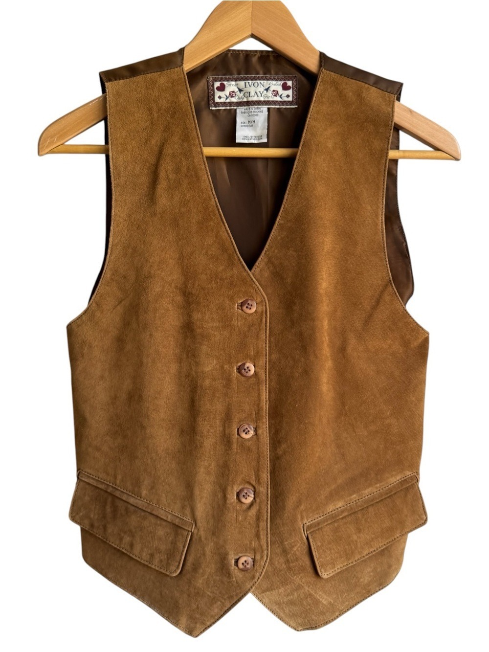 Vintage Genuine Suede Vest Girls Sz M Brown Leather Button Front Prairie Classic